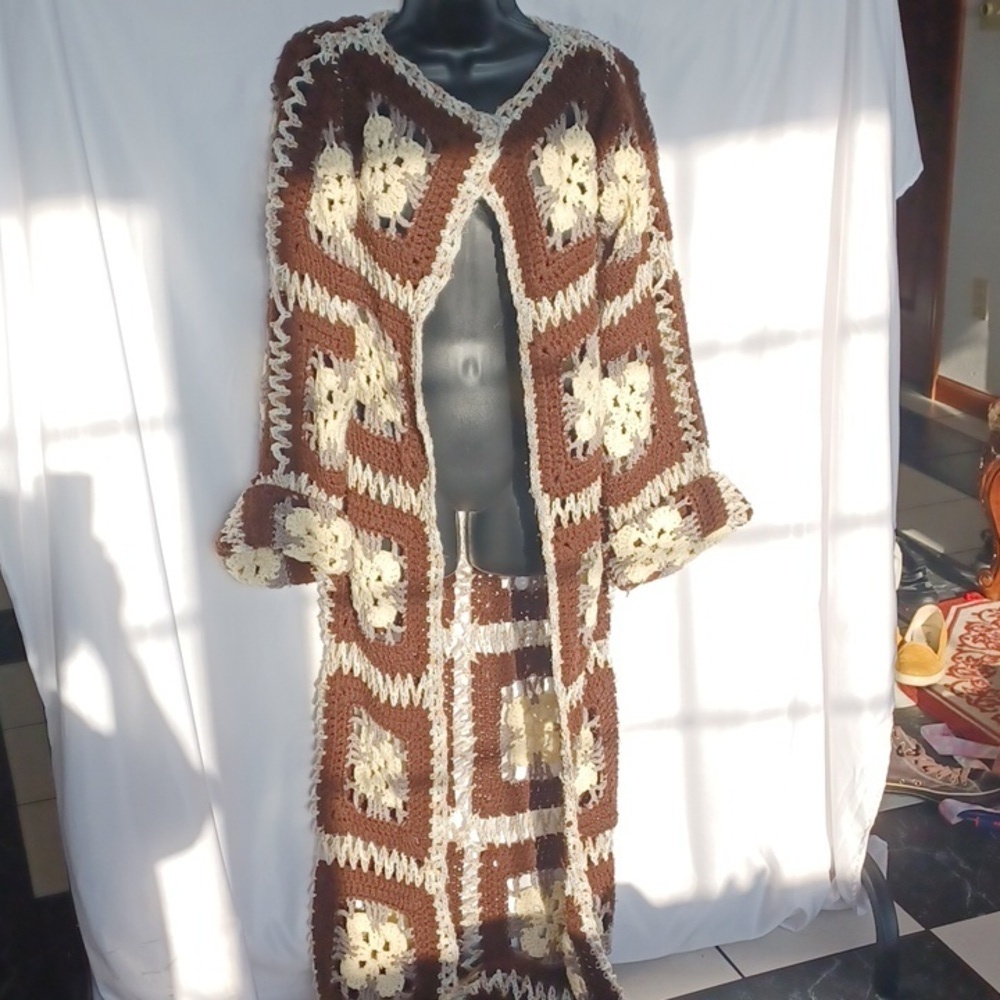 Vintage handmade granny square crochet duster cardigan, open front, sz S/M